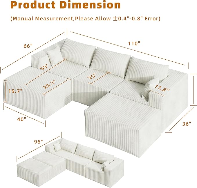 110 Boneless Couches for Living Room Cloud Couch Modular Sectional Sofa with Deep Seat Plush Large Foam SofaU-Shape Sofa CouchNo Assembly Required White (Plush Corduroy Fabric)