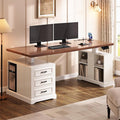 SEDETA Farmhouse Electric Standing Desk 63 Height Adjustable Computer Desk with 3 Drawers Storage Shelves Power Outlets Wood Home Office Stand up Desk for Work Study Writing White