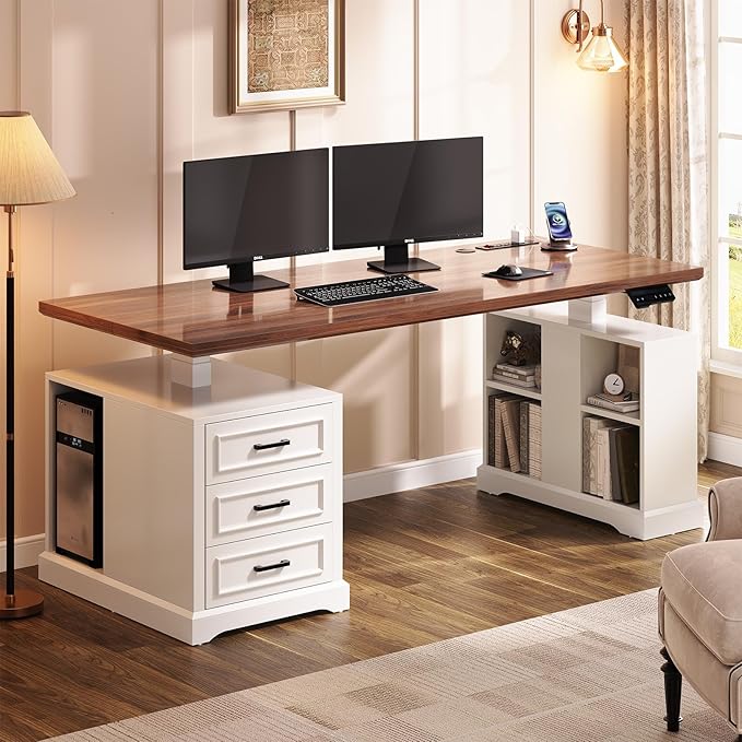 SEDETA Farmhouse Electric Standing Desk 63 Height Adjustable Computer Desk with 3 Drawers Storage Shelves Power Outlets Wood Home Office Stand up Desk for Work Study Writing White