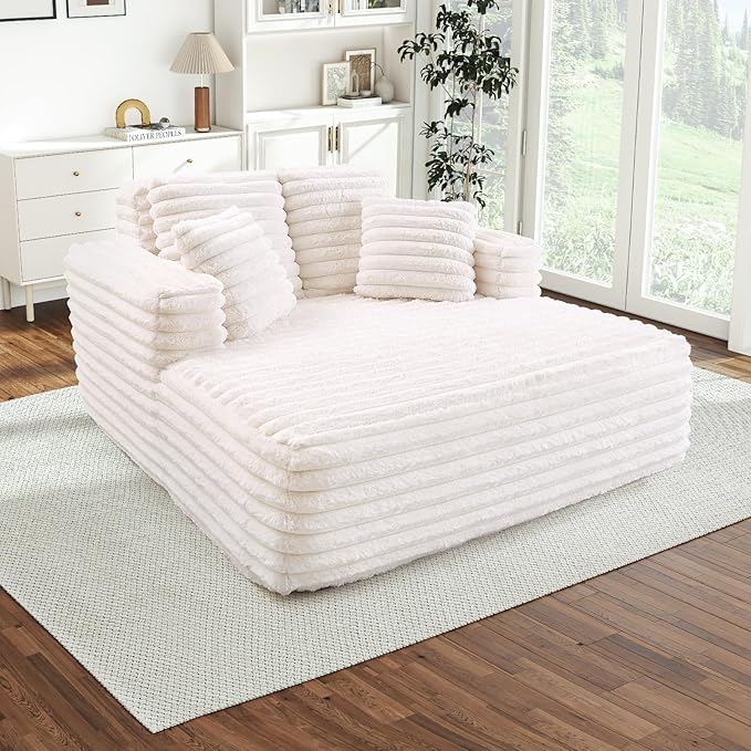 Chaise Lounge Chair Indoor Comfy Corduroy Plush Fluffy Foam Floor Compression Sofa Chair Leisure Reading Single Sleeper Chaise Chair for Living Room Bedroom Office Pillows Included (Beige)