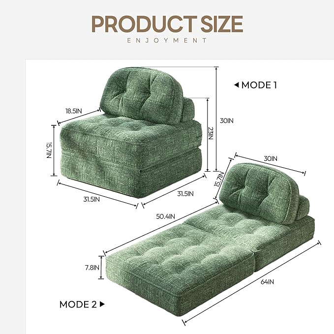 Dowinx Folding Sofa Bed with Pillow Convertible Comfy Couch Bed for Adults Home Lounge and Gaming Modern Comfortable Design for Apartment Living Room Bedroom Single Smooth Velvet Cyprus Green