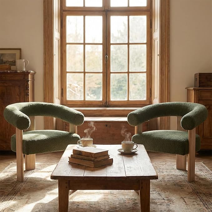 VKNOW Accent Chair Living Room Chairs Set of 2 Modern Upholstered Arm Chair with Solid Wood Legs Comfy Barrel Accent Chairs for Living Room Bedroom Green