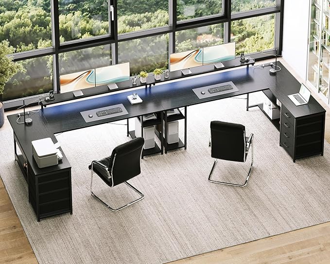 AODK 61 L Shaped Desk with Drawer Computer Desk with Power Outlets &amp LED Lights Reversible Corner Gaming Desk for Home Office Workstation Office Desk with Monitor Shelf Pure Black