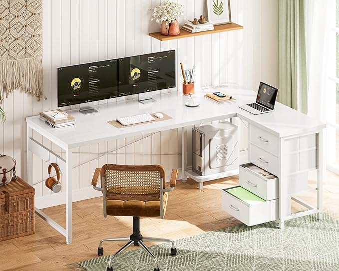 ODK 61'' L Shaped Desk with 4 Drawers Reversible Corner Desk with Storage Gaming Table with Power Outlets USB Ports PC Case Shelf Computer Desk for Home Office Study Easy Assembly White