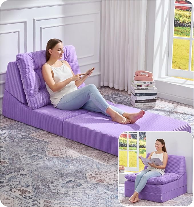 Hobestluk Sofa Couch Folding Sofa Bed Comfy Floor Lounger Convertible Sofa with Removable Cushion Couches for Small Spaces Foldable Mattress for Living Room Bedroom or Office (Cordury Purple Large)
