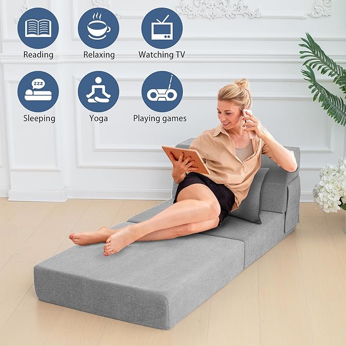 Sofa Bed Foldable Mattress Folding Sleeper Sofa Chair Bed Floor Mattress with Pillow for Living Room Home Office (Light Gray Single)