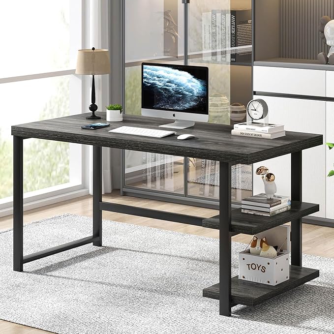 FOLUBAN 47 Inch Computer Desk with Storage Shelves Modern Home Office Desk Small Study Writing Desk Gaming Table Workstation for Bedroom Living Room Industrial Dark Gray