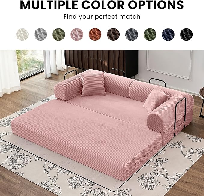 79 Convertible Sofa Bed 5-in-1 Modular Folding Boneless Couch Pull Out Floor Sleeper Cozy Lounger for Living Room or Bedroom Multi-Purpose Foldable Sofa (Pink)