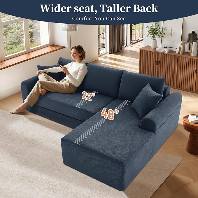 KBQ Modular Sectional Couch in a Box 103 L Shaped Boneless Cloud Couch with Deep Seat Convertible Sofa Bed for Living Room Apartments No Assembly Required Navy Blue Right Facing Chaise