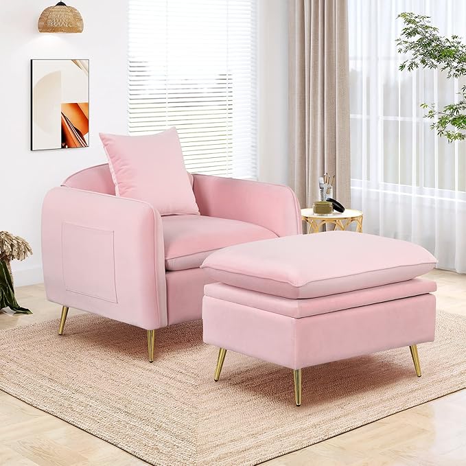 35.2 Modern Accent ChairSingle Sofa Chair with Ottoman Foot Rest and Pillow for Living Room Bedroom Small Spaces Apartment OfficePink