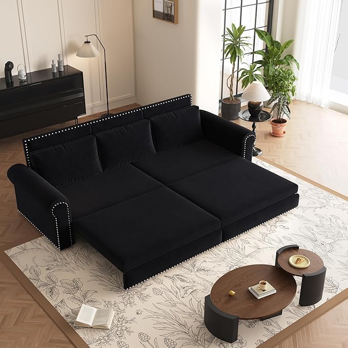 93.7 King Size Pull Out Sofa Bed with Waist Pillows 3 in 1 Convertible Sleeper Sofa Bed Couch Velvet 3-Seater Chesterfield Sofa with Nailhead Trim for Living Room Black
