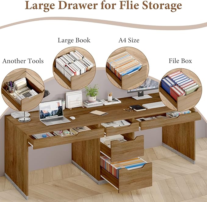 Two Person Desk with 5 Drawers Double Desk with Storage for 2 People 78 Inch Extra Long Computer Desk Workstation with File Drawer for Home Office Brown