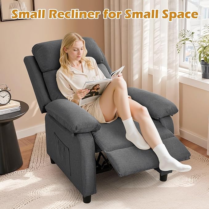 Recliner Chair Living Room Chairs for Adults Padded Deep Seat Reading Chair with Side Pockets Small Recliners for Small Spaces Lounge Chair for Living Room Bedroom and RV (Linen)