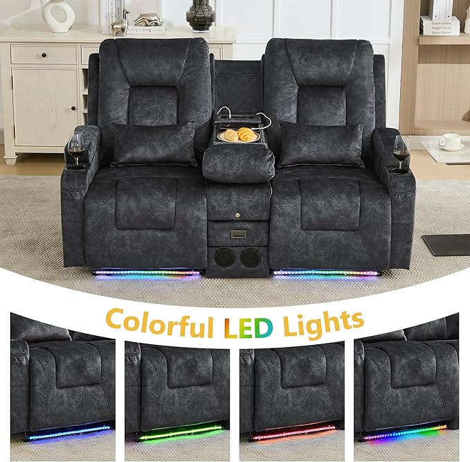URRED Power Loveseat Recliner Sofa with Flipped Backrest Console Wall Hugger RV Reclining Loveseat Sofa Couch with LED Light/Bluetooth Speakers/USB/Outlets/Cup Holders/Pillow/Side Pocket Grey