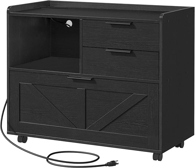 HOOBRO Lateral File Cabinet Wooden Office Storage Drawers with Charging Station Filing Cabinet for Home Office A4/Letter/Legal-Sized Files Printer Stand with Open Storage Spaces Black BB37UWJ01