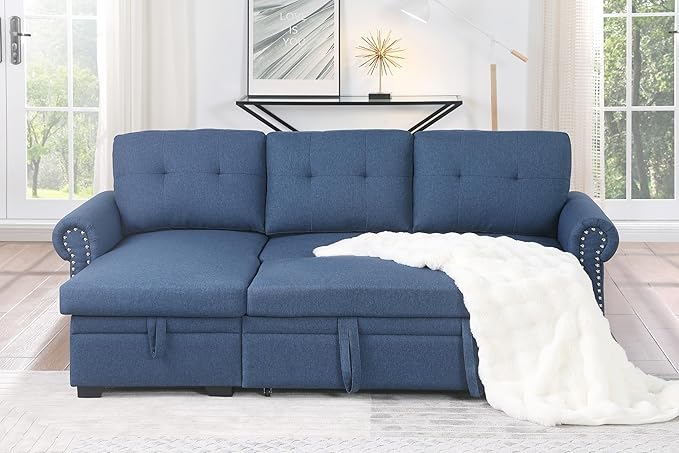83 L-Shaped Sleeper Sectional Sofa with Storage Chaise &amp Cup Holders – Pull-Out Convertible Bed 3-in-1 Space-Saving Design for Apartments Modern Linen Fabric Easy Assembly
