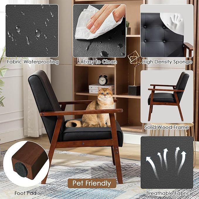STHOUYN Black Leather Accent Chair for Office Waiting Room Lobby Chair with Wooden Arms Mid Century Modern Small Armchair Living Room Sofa Set (Black)