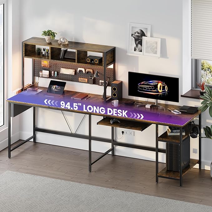 DUMOS L Shaped Gaming Desk 67” Reversible Computer Desks with Led Lights Corner Table with Keyboard Tray Side Bag Storage Shelf Metal Frame Wood Writing for Home Office Bedroom Brown