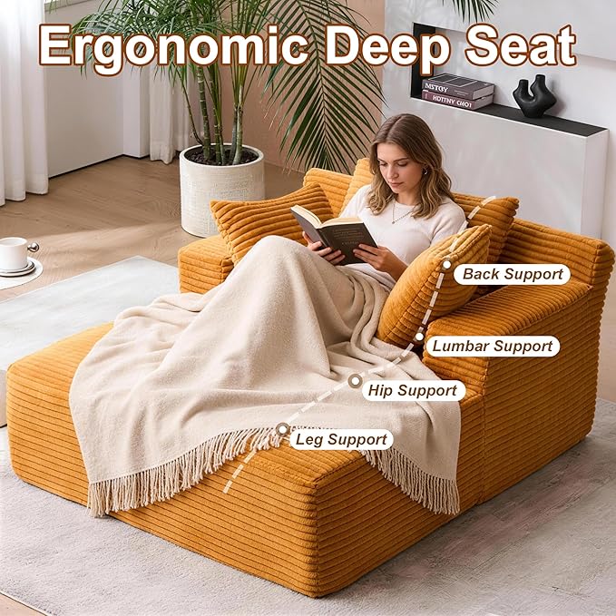 Avenix 66 Boneless Oversized Chaise Lounge Chairs Indoor Boneless Oversized Chaise Lounges Indoor Boneless Oversized Reading Chairs Cloud Sleeper Sofa Couch Bed with 3 Pillows for Living RoomOrange