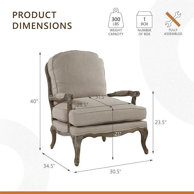 Lexicon Parlier Show Wood Accent Chair - Mid Century Modern Chair for Living Room Traditional French Country Style Padded Arms Reversible Cushion Solid Wood Frame Arrives Assembled Neutral