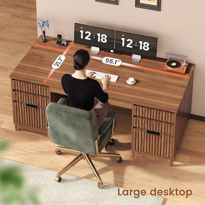 SEDETA 55.1 Fluted Office Desk with 6 Drawers Modern Computer Desk with Acrylic File Drawers Executive Desk with Power outlets for Home Office and Study (Brown)