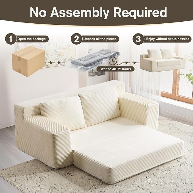 71 Oversized Loveseat Pull Out Sofa 2 in1 Convertible Loveseat Sofa with Pillows Corduroy Folding Couch Bed with Deep Seat Boneless Couch for Small Room No Assembly Required White