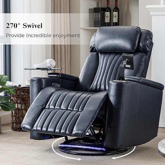 270° Power Swivel Recliner Home Theater Seating With Hidden Arm Storage and LED Light Strip Cup Holder 360° Swivel Tray Table and Cell Phone Holder Soft Living Room Chair Blue