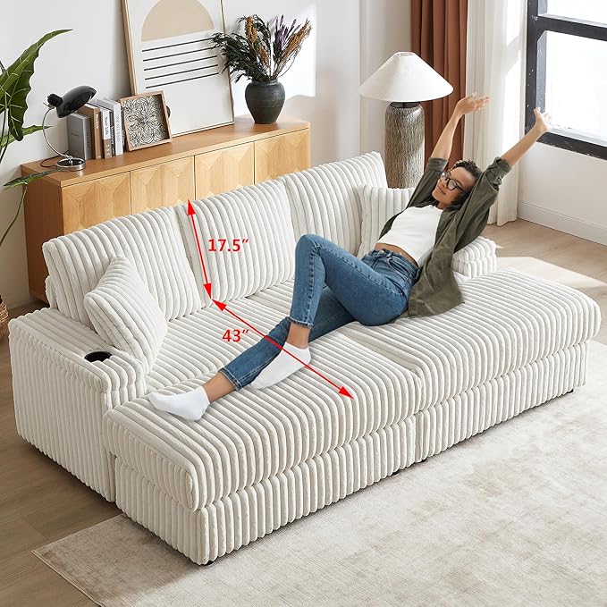 Aoowow 84 Corduroy Oversized 3-seater sofa with 2 Ottomans Modular Sectional Deep Seat Sofa with Back and Toss Pillows Modern Comfy Sofa with 2 Storage Spaces and Cup Grooves for Living Room Beige