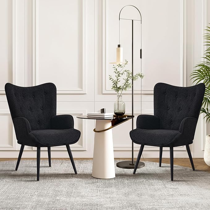 Furnimart Mid-Century Modern Accent Chairs Set of 2 Black Sherpa Wingback Reading Chairs with High Backrest Armchair for Living Room Bedroom Waiting Room