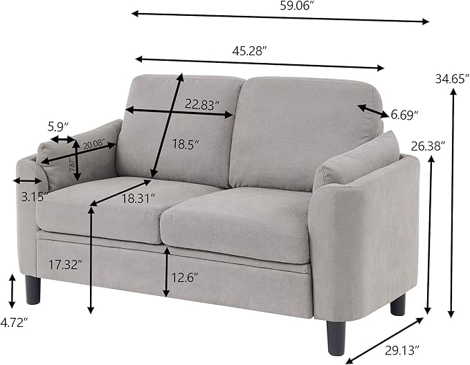 Small Loveseat Sofa60 Modern Love Seat Couch with Back Cushions and Wood Legs 2 Seater Mid Century Couches for Living Room Bedroom Small Spaces(LightGrey)