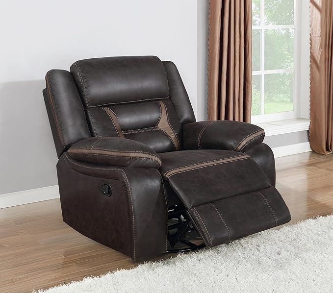 Coaster Home Furnishings - Greer - Leatherette Upholstered Swivel Glider Recliner Chair with Pocket Coil Cushions Padded Armrests Contrasting Stitching - Living Room - 41-Inch - Brown - 651356