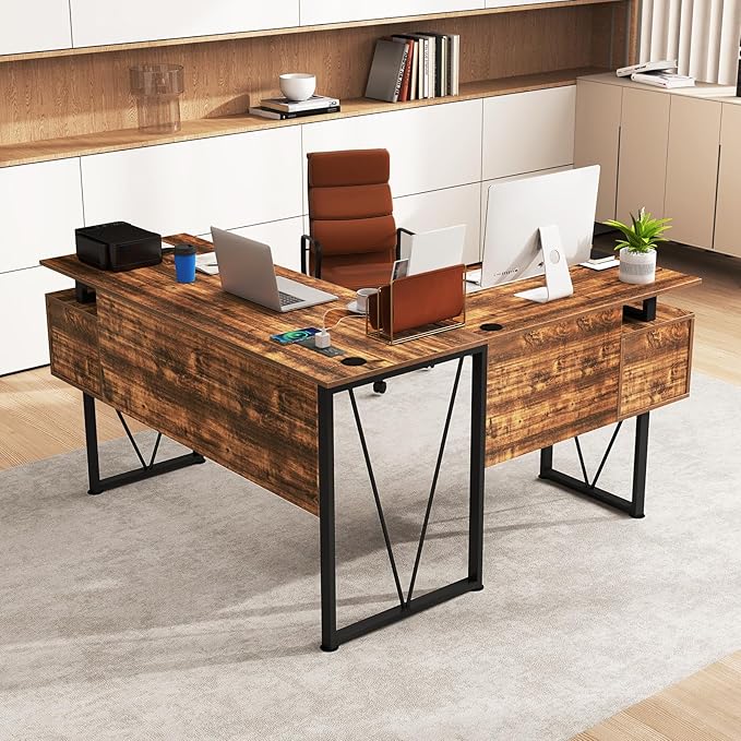 Tangkula 59 L-Shaped Office Desk with 3 Drawers &amp Charging Station Corner Computer Desk with Sturdy Metal Frame Industrial Home Office Computer Workstation for Working Studying (Rustic Brown)