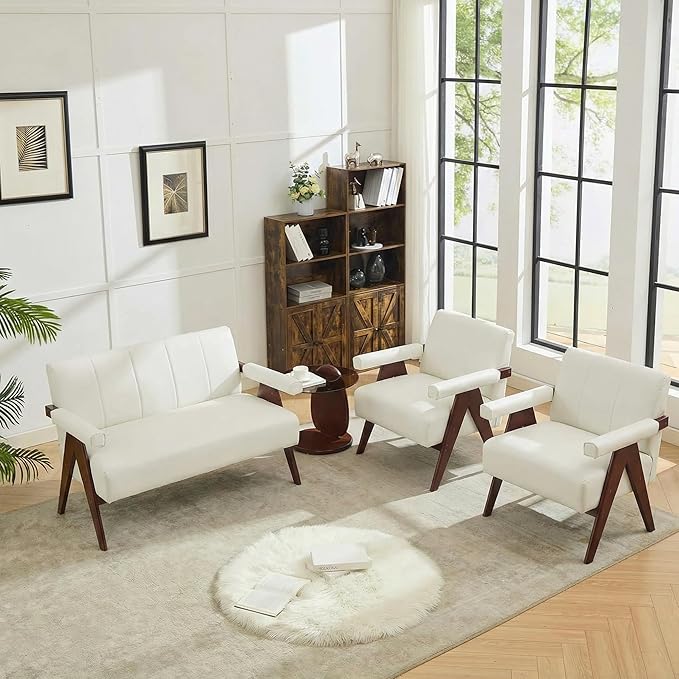 AODAILIHB Mid Century Modern Accent Chair Set of 2 Solid Wood Frame White Linen Armchairs Modern Reading &amp Living Room Chairs for Office Guest &amp Waiting Room