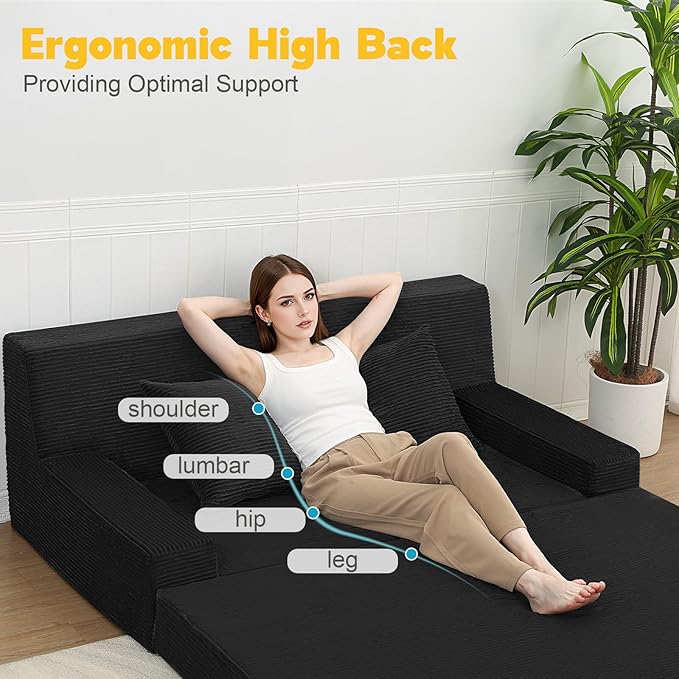MeMoreCool Boneless Folding Sofa Bed Queen – Corduroy Convertible Futon Couch 2-in-1 Floor Sleeper with Foam Support Detachable Pillow &amp Washable Cover for Living Room Guest Room Apartment