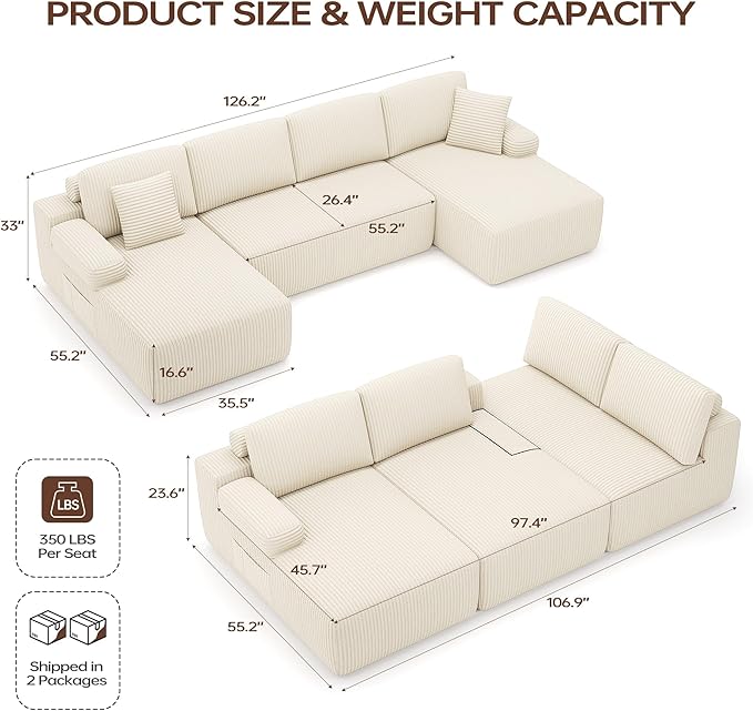 DURASPACE 126.2'' U Shaped Modular Sofa with Chaise Cloud Boneless Comfort Sectional Sofa Couch Modern Corduroy Deep Seat Couch Convertible 4-Seater for Living Room(Beige)