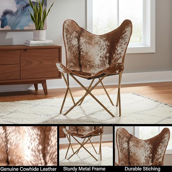 Shy Shy Let’s Touch The Sky Home Decor Genuine Goat Leather Butterfly Arm Chair with Black/Brown White Hair on Cowhide Accent Chair (White and Brown with Rose Gold)