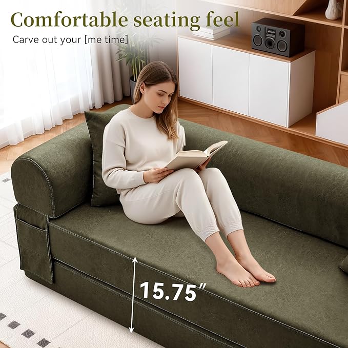 4-in-1 Folding Convertible Sofa Bed 78 Inch Faux Leather Boneless Couch Loveseat Sleeper with Pull Out Bed Floor Sofa Modular Futon Teddy Sofa for Living Room Bedroom Lounge Green