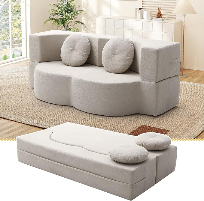 Folding Futon Sofa Bed Modern Convertible Fold Out Chenille Cloud Memory Foam Boneless Floor Lounge Loveseat Sleeper Mattress Sofa Couch with 2 Pillows for Guest Room Living Room Office Beige