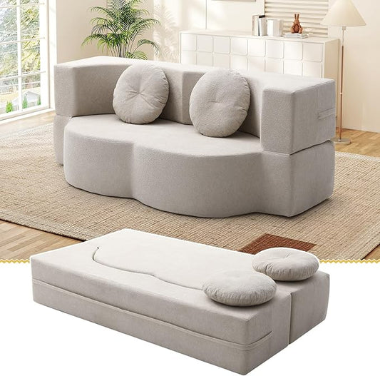 Folding Futon Sofa Bed Modern Convertible Fold Out Chenille Cloud Memory Foam Boneless Floor Lounge Loveseat Sleeper Mattress Sofa Couch with 2 Pillows for Guest Room Living Room Office Beige