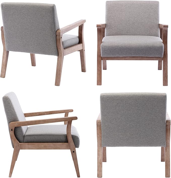 Wahson Comfy Living Room Chairs Linen Upholstered Accent Chairs Farmhouse Armchairs with Natural Wood Frame Oversized Decorative Chair for Bedroom Grey