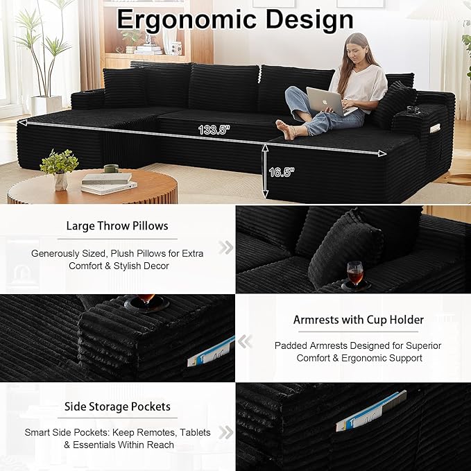 134 U-Shaped Cloud Couch Sectional Oversized Modular Boneless Sleeper Sofa with Side Pockets &amp Cup Holders 4-Seater Modern Deep Seat Corduroy Couch for Living Room No Assembly Required Black