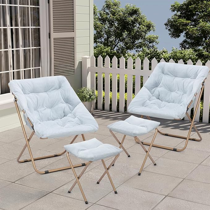 Cozy Saucer Chair Living Room Chair Faux Fur Soft Thick Padded Folding Chair Comfortable Square Moon Chair for Living Room Bedroom Reading Nook Modern Style 2 Pack Light Blue