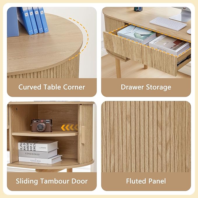 ORRD Home Office Oval Desk with Sliding Tambour Door and Drawer Modern Fluted Wood Executive Computer Storage Desk for Study Living Room Bedroom Office - Natural