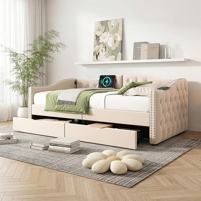 Twin Daybed with Storage Drawers Twin Size Velvet Upholstered Sofa Bed Frame w/USB Port Button Tufted Backrest and Nailhead Daybeds for Living Room Bedroom No Box Spring Needed (Beige)