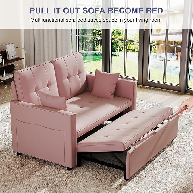 Loveseat Sleeper Sofa Bed Couch: Queen Sleeper Chair Pull Out Bed for Living Room Pink Velvet Couch Beds for Small Spaces 3 in 1 Convertible Sofa with Armrests