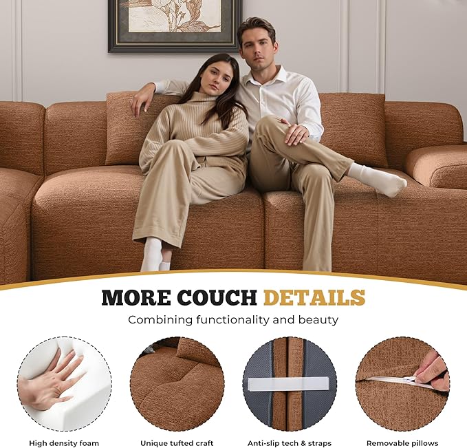 158 Modern U Shaped Modular Sectional Sofa Boneless Couches for Living Room with Ottoman6 Seater Convertible Chenille Cloud Couch Sofa Set No Assembly Required Orange 1 PCS