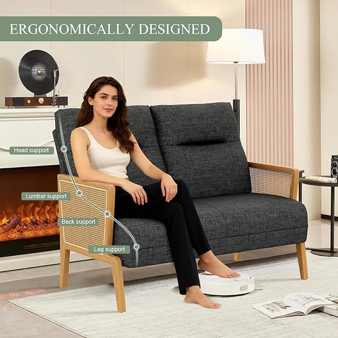 Love Seat Settee Mini Couch Upholstered Sofa with Natural Rattan Armrest Backrest Couch Bench Loveseat for Living Room Bedroom Grey