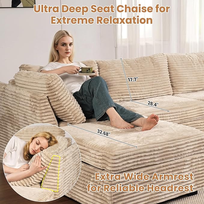ovios 32.7 inches Middle Seat Module for Modular Sectional Sofa Couch Loveseat Customizable DIY Combination L U V Shaped Plush Corduroy Sofas Couches for Living Room Beige