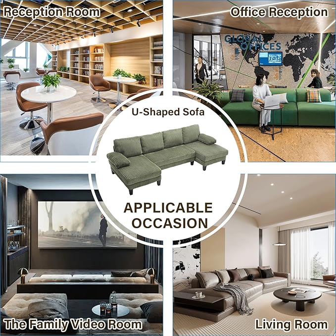 114.2 U-Shaped Sectional Sofa for Living Room Corduroy U-Shaped Couch with Double Chaises 4-Seater Comfy Cloud Sofa for Home Furniture Office &amp Small Space (Green)