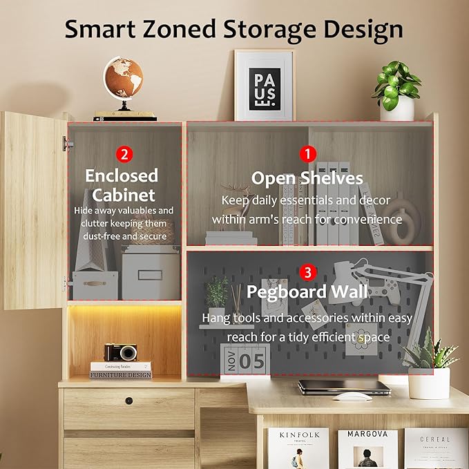 L Shaped Desk with Hutch Wooden Home Office Desk with 4 Drawers Storage Cabinet Charging Station Corner Writing Computer Desk(Right Side Desk Wood)